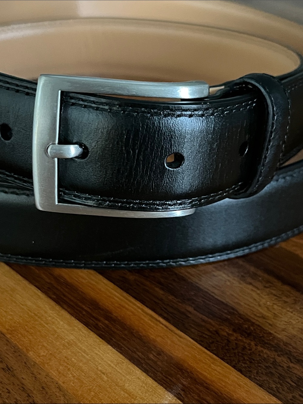 Lands’ End Black Leather Belt Sz 54 60” Long Silver Buckle Big & Tall - Picture 2 of 15